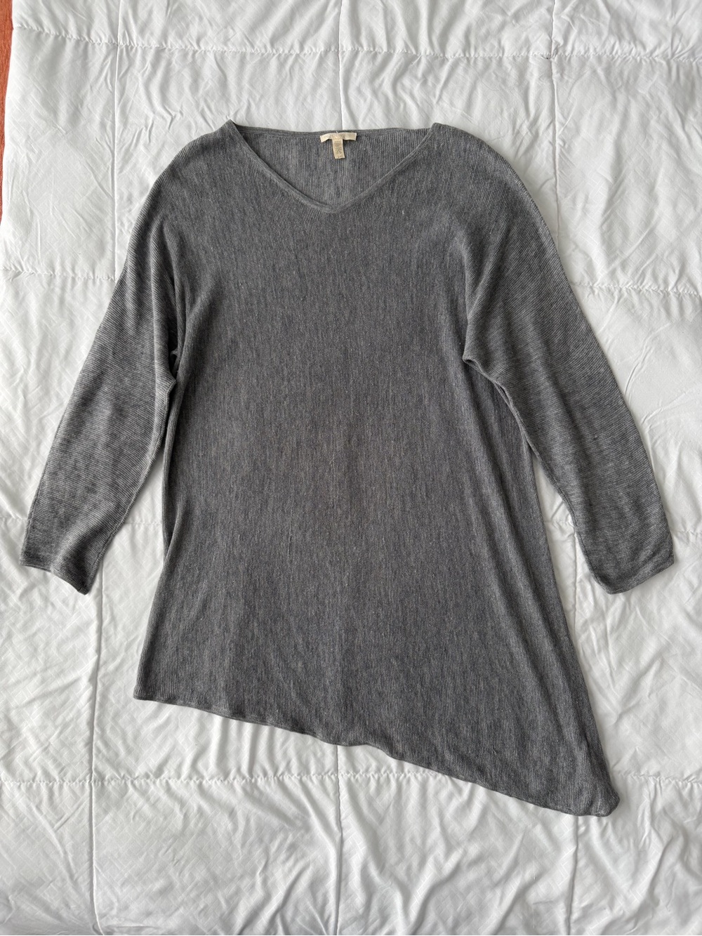 Eileen Fisher Asymmetrical Hem Tunic Sweater L Gray Linen Cotton Knit Lagenlook
